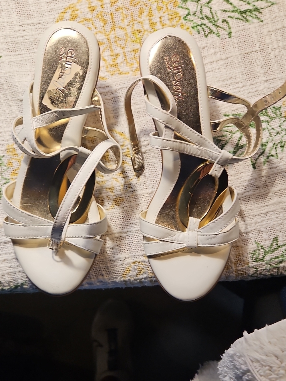 White Strappy Heeled Sandal with Gold Accents
